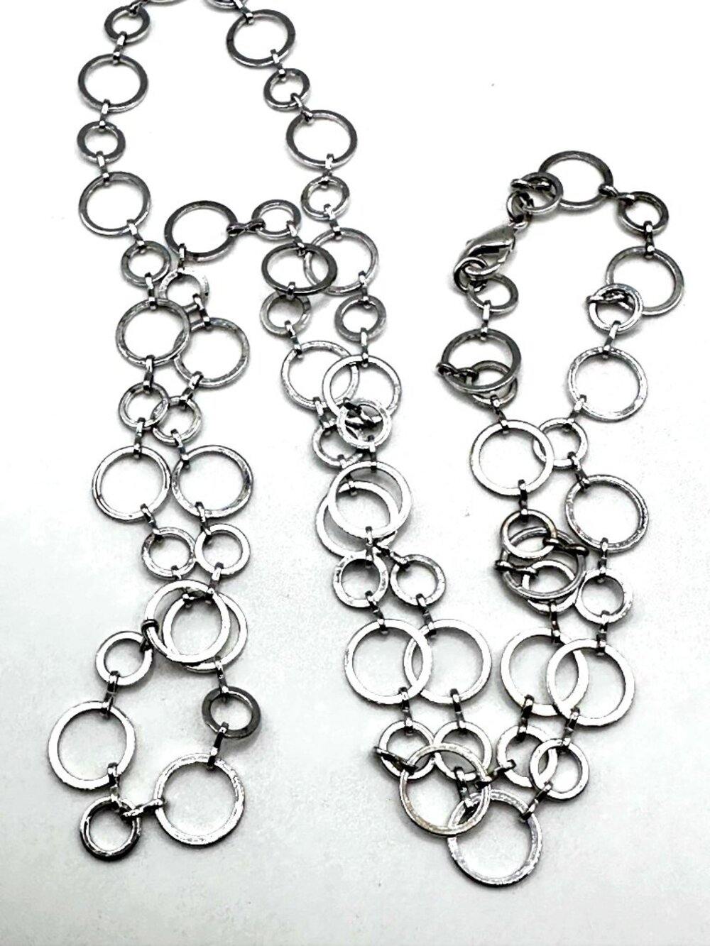 Long Modernist Textured Chain Necklace 34" Silver Tone Rings Contemporary